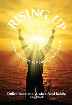 Rise Up book cover, sunshine, man with hands raised above head