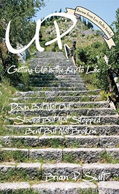 book cover of Up, brick stairs leading up with overgrown grass
